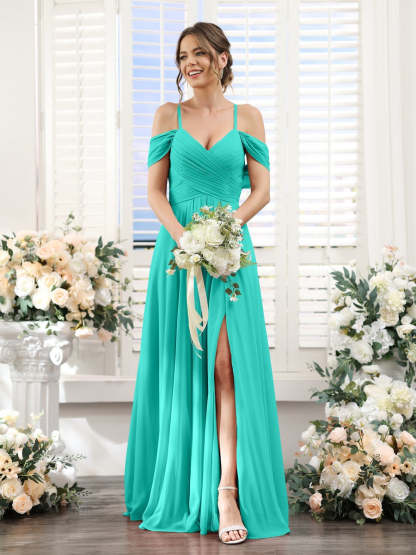 Floor-Length Chiffon Bridesmaid Dress with Spaghetti Straps and Side Split in A-Line/Princess V-Neck