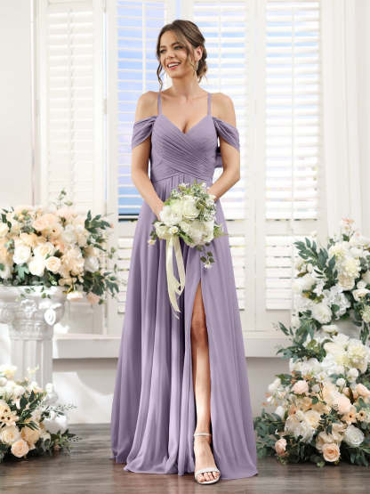 Floor-Length Chiffon Bridesmaid Dress with Spaghetti Straps and Side Split in A-Line/Princess V-Neck