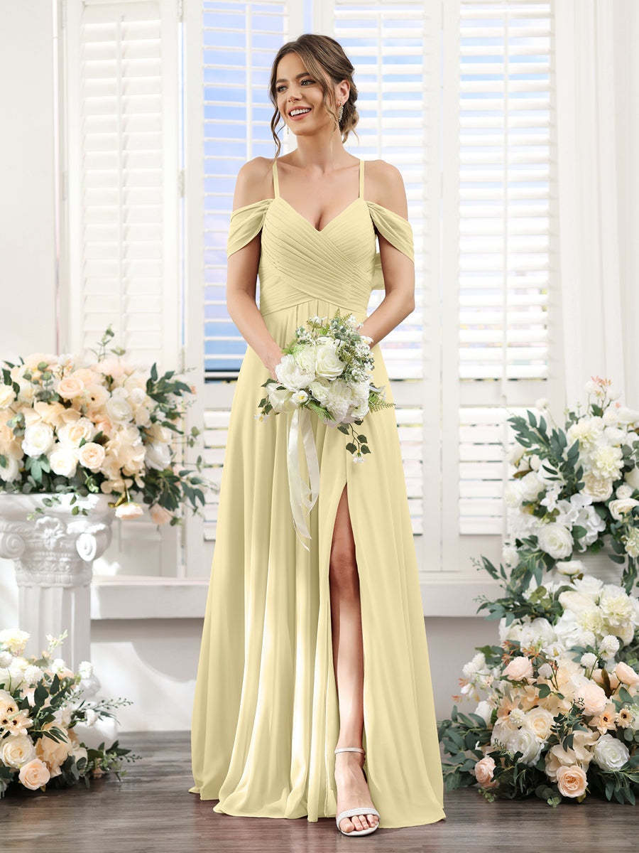 Floor-Length Chiffon Bridesmaid Dress with Spaghetti Straps and Side Split in A-Line/Princess V-Neck