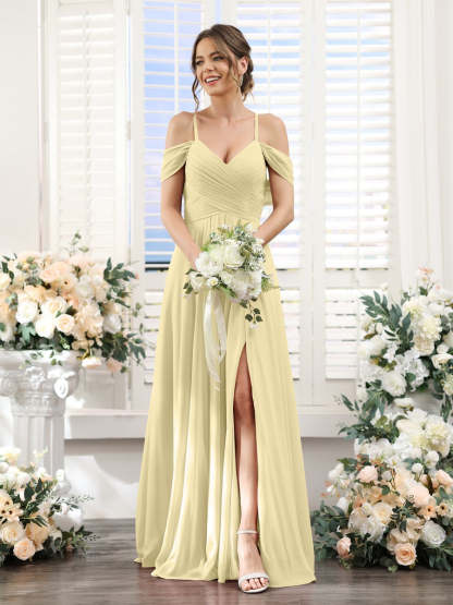 Floor-Length Chiffon Bridesmaid Dress with Spaghetti Straps and Side Split in A-Line/Princess V-Neck