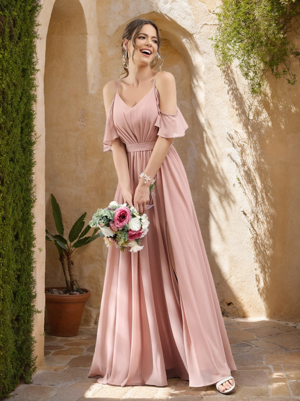 Floor-Length Chiffon Bridesmaid Dresses with Spaghetti Straps, A-Line/Princess Cut, Side Split & Ruched-BMbridal.UK
