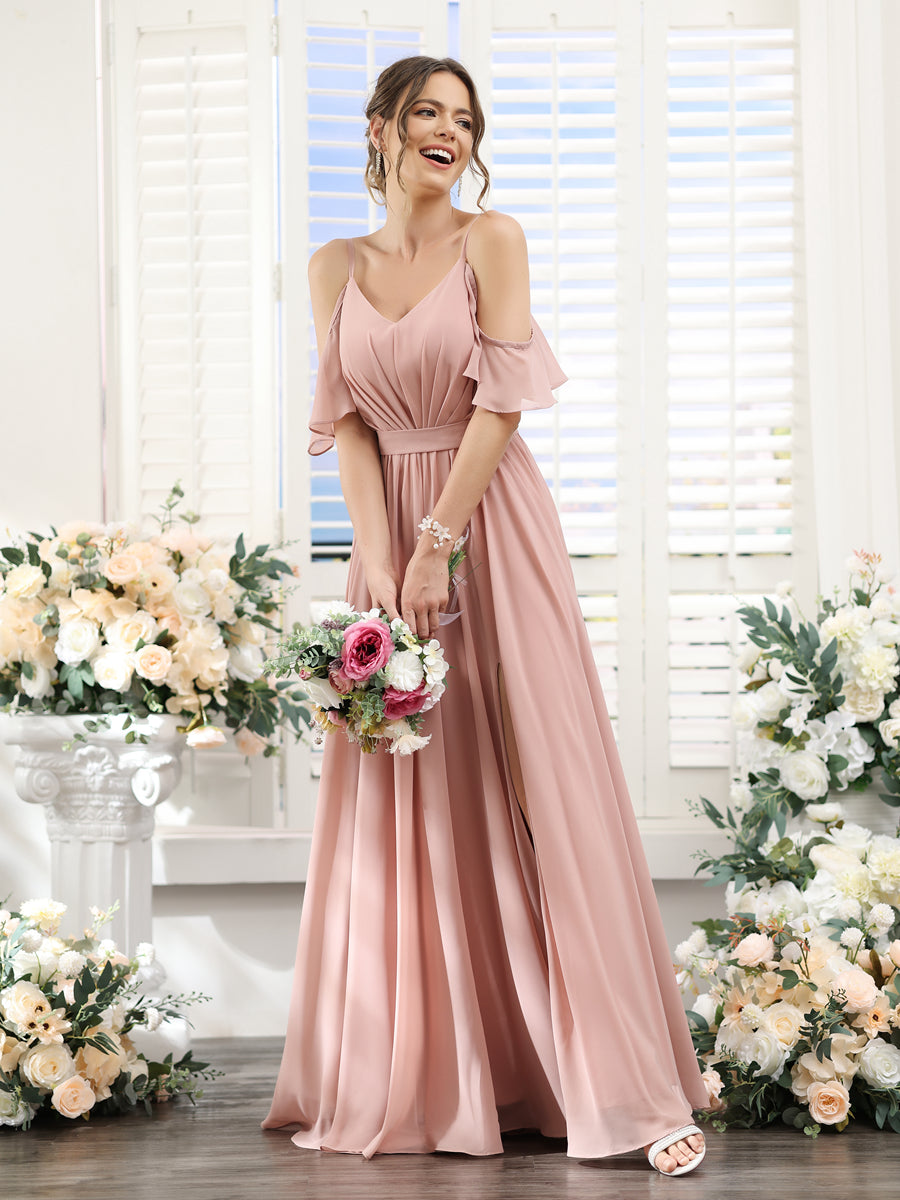Floor-Length Chiffon Bridesmaid Dresses with Spaghetti Straps, A-Line/Princess Cut, Side Split & Ruched-BMbridal.UK