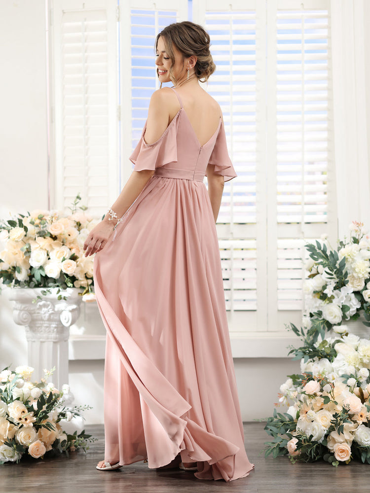 Floor-Length Chiffon Bridesmaid Dresses with Spaghetti Straps, A-Line/Princess Cut, Side Split & Ruched-BMbridal.UK