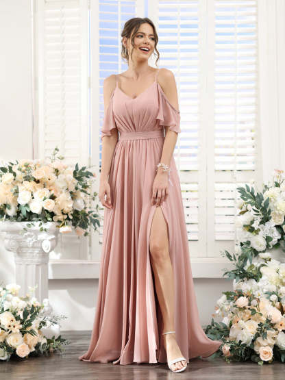 Floor-Length Chiffon Bridesmaid Dresses with Spaghetti Straps, A-Line/Princess Cut, Side Split & Ruched-BMbridal.UK