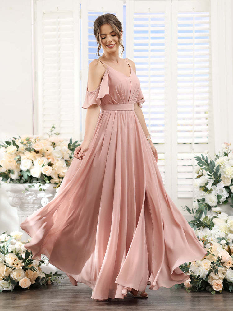 Floor-Length Chiffon Bridesmaid Dresses with Spaghetti Straps, A-Line/Princess Cut, Side Split & Ruched-BMbridal.UK