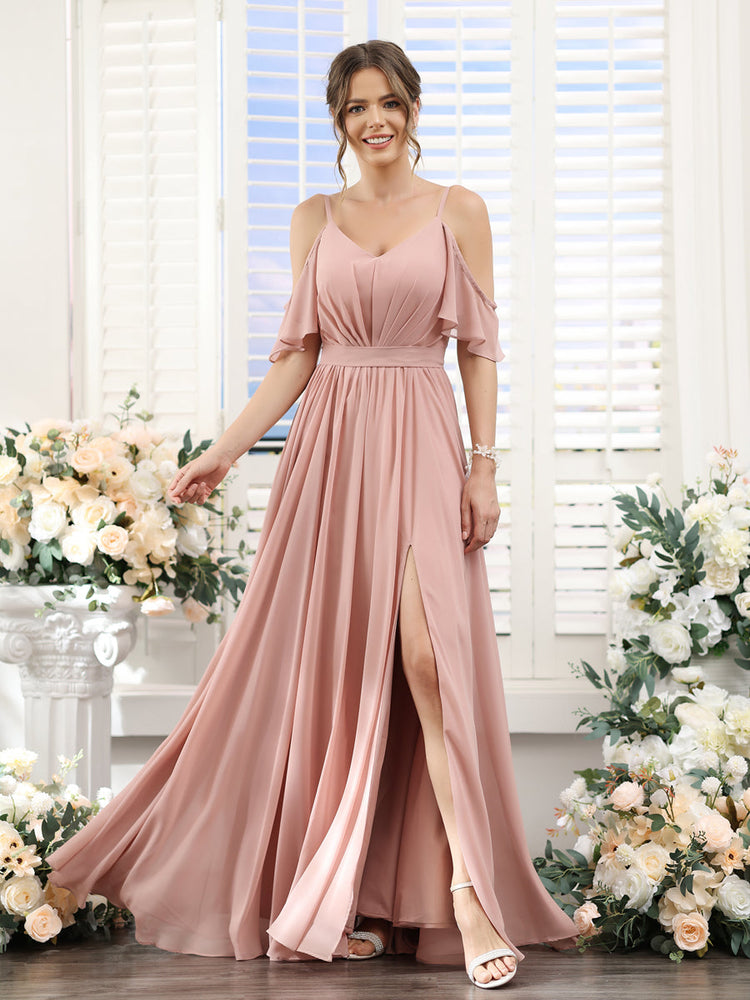 Floor-Length Chiffon Bridesmaid Dresses with Spaghetti Straps, A-Line/Princess Cut, Side Split & Ruched-BMbridal.UK