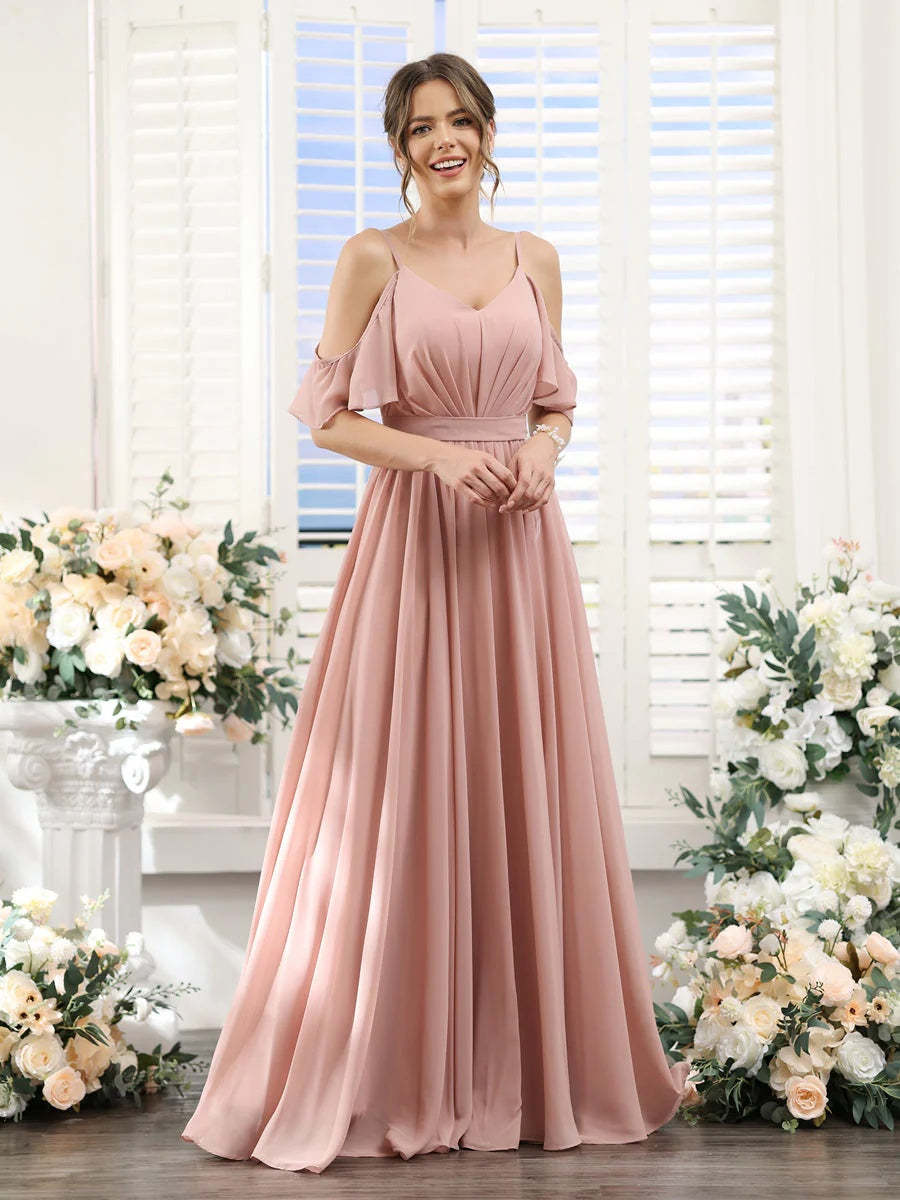 Floor-Length Chiffon Bridesmaid Dresses with Spaghetti Straps, A-Line/Princess Cut, Side Split & Ruched-BMbridal.UK