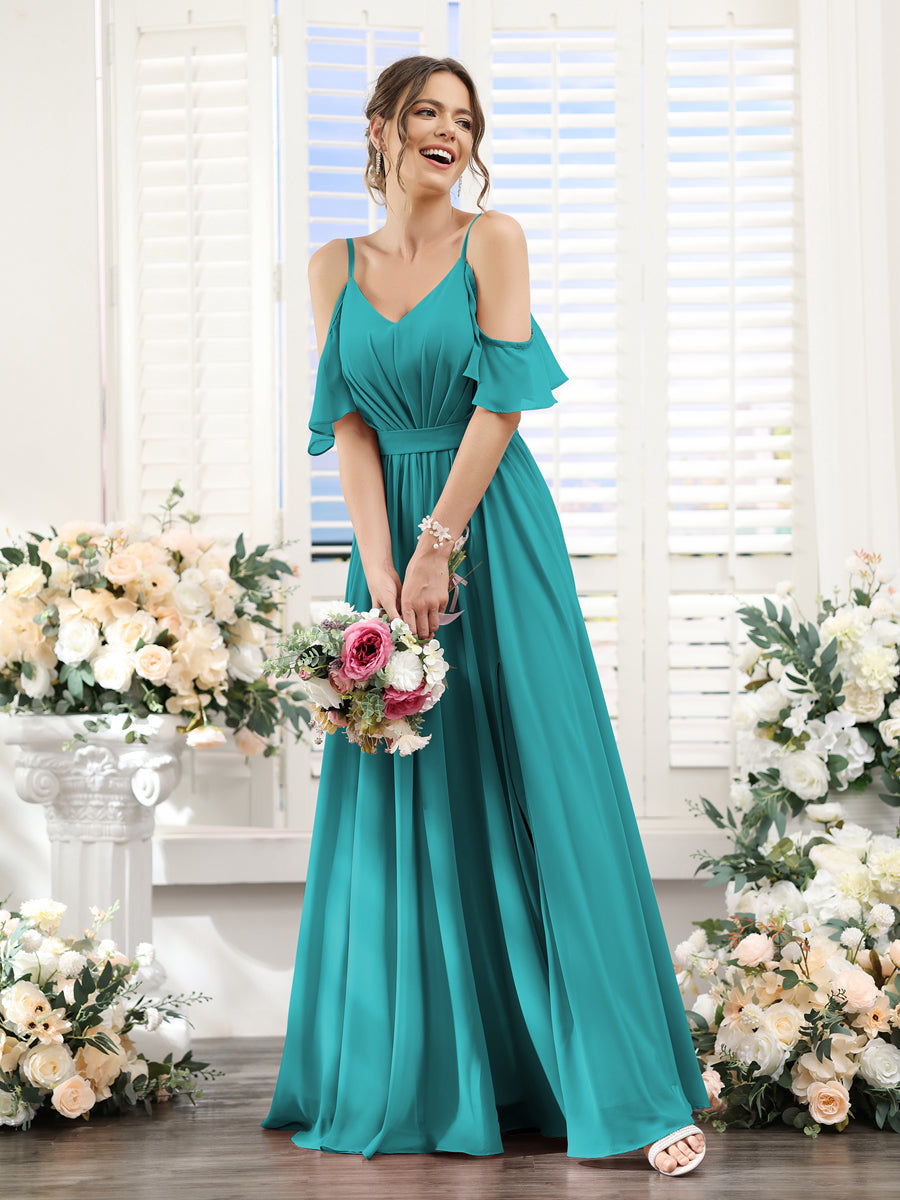 Floor-Length Chiffon Bridesmaid Dresses with Spaghetti Straps, A-Line/Princess Cut, Side Split & Ruched-BMbridal.UK