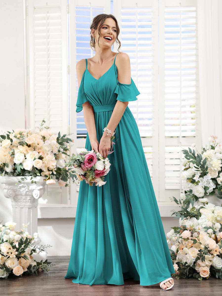Floor-Length Chiffon Bridesmaid Dresses with Spaghetti Straps, A-Line/Princess Cut, Side Split & Ruched-BMbridal.UK