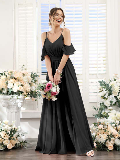 Floor-Length Chiffon Bridesmaid Dresses with Spaghetti Straps, A-Line/Princess Cut, Side Split & Ruched-BMbridal.UK