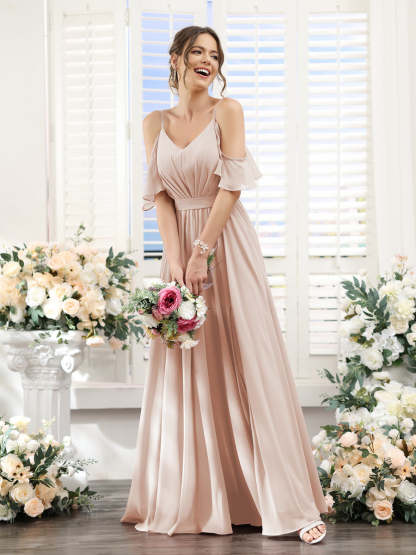 Floor-Length Chiffon Bridesmaid Dresses with Spaghetti Straps, A-Line/Princess Cut, Side Split & Ruched-BMbridal.UK