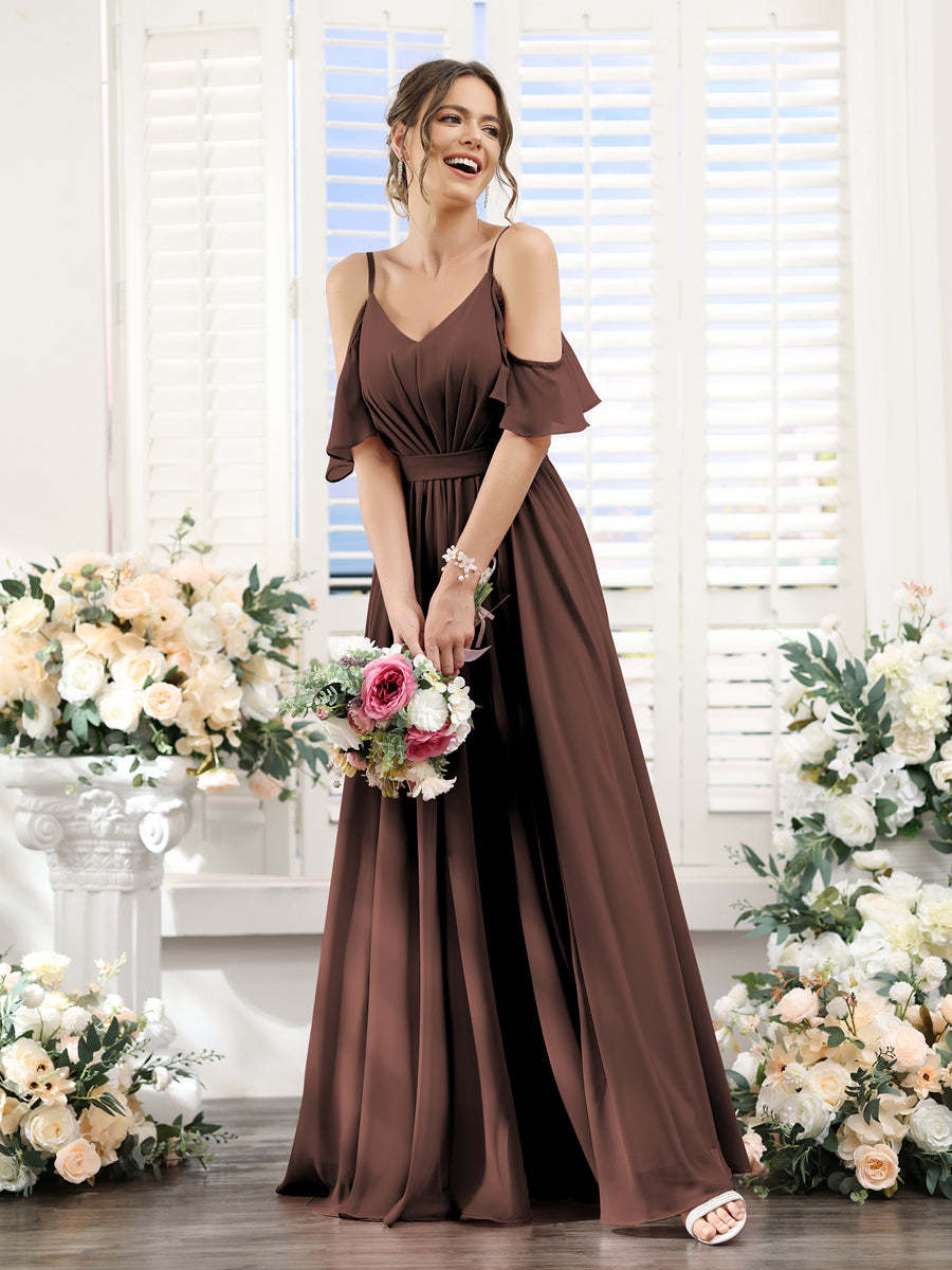 Floor-Length Chiffon Bridesmaid Dresses with Spaghetti Straps, A-Line/Princess Cut, Side Split & Ruched-BMbridal.UK