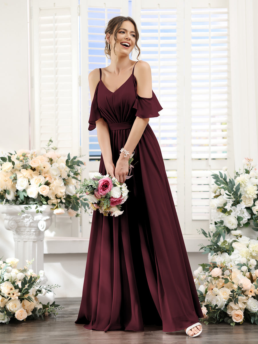 Floor-Length Chiffon Bridesmaid Dresses with Spaghetti Straps, A-Line/Princess Cut, Side Split & Ruched-BMbridal.UK