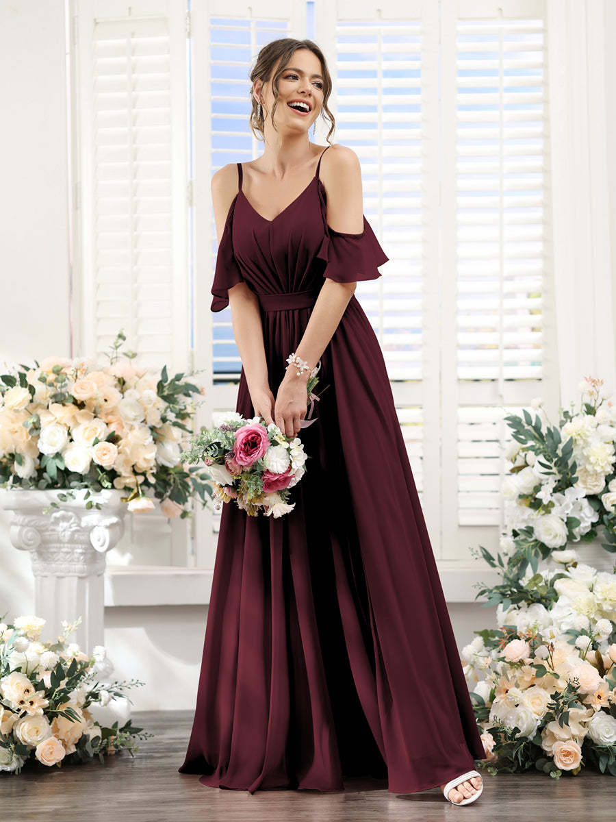 Floor-Length Chiffon Bridesmaid Dresses with Spaghetti Straps, A-Line/Princess Cut, Side Split & Ruched-BMbridal.UK