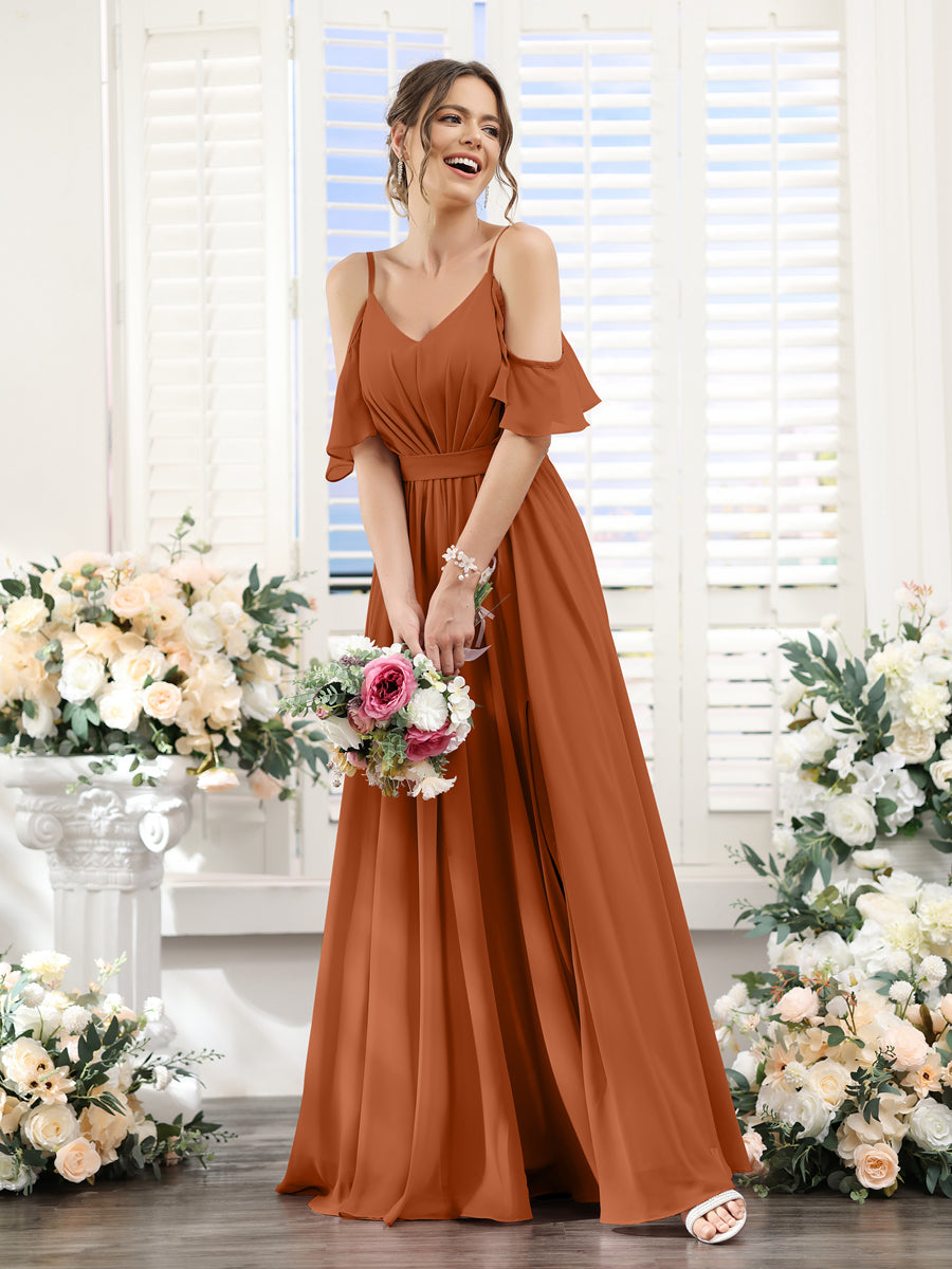 Floor-Length Chiffon Bridesmaid Dresses with Spaghetti Straps, A-Line/Princess Cut, Side Split & Ruched-BMbridal.UK
