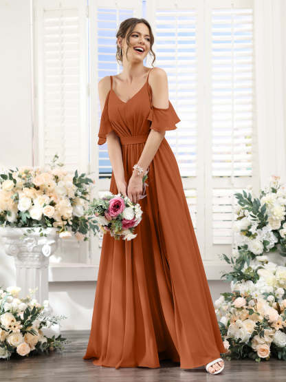 Floor-Length Chiffon Bridesmaid Dresses with Spaghetti Straps, A-Line/Princess Cut, Side Split & Ruched-BMbridal.UK