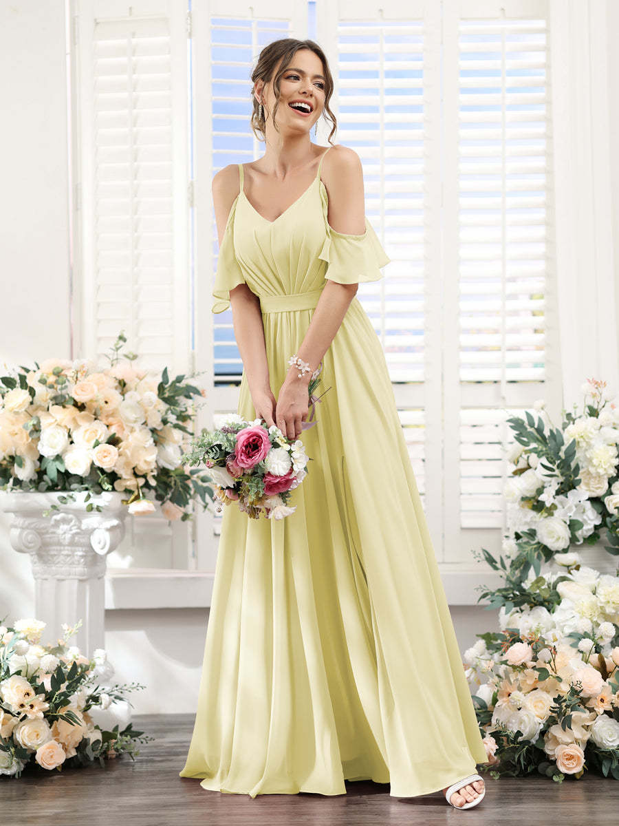 Floor-Length Chiffon Bridesmaid Dresses with Spaghetti Straps, A-Line/Princess Cut, Side Split & Ruched-BMbridal.UK
