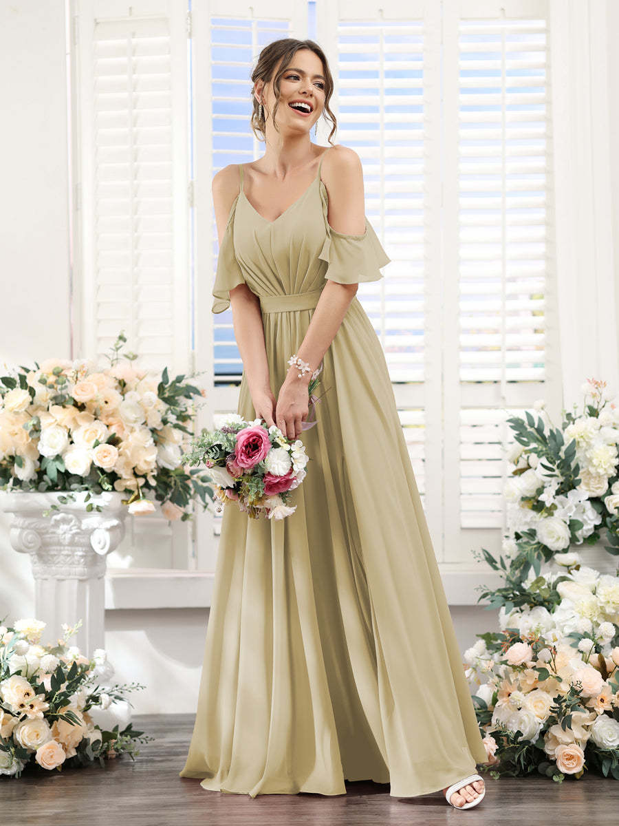 Floor-Length Chiffon Bridesmaid Dresses with Spaghetti Straps, A-Line/Princess Cut, Side Split & Ruched-BMbridal.UK