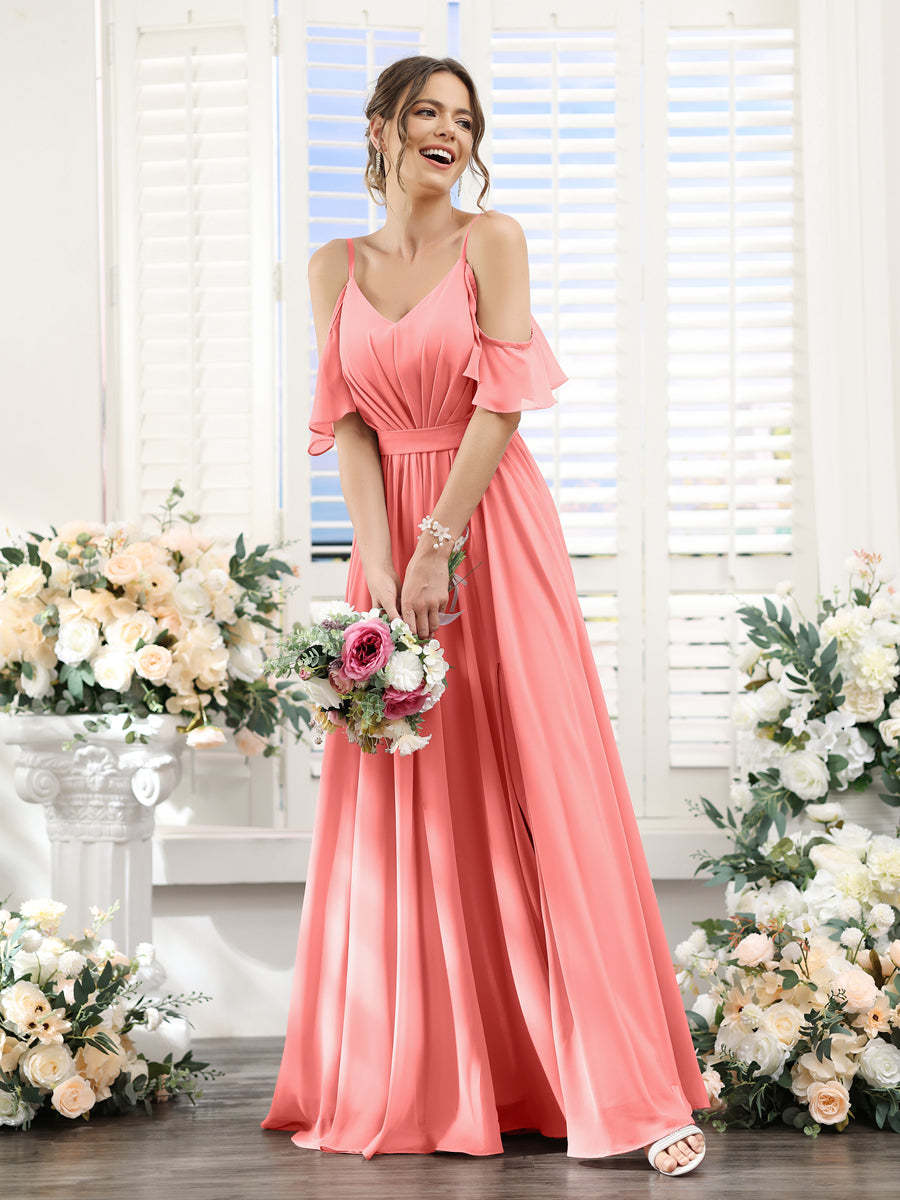 Floor-Length Chiffon Bridesmaid Dresses with Spaghetti Straps, A-Line/Princess Cut, Side Split & Ruched-BMbridal.UK