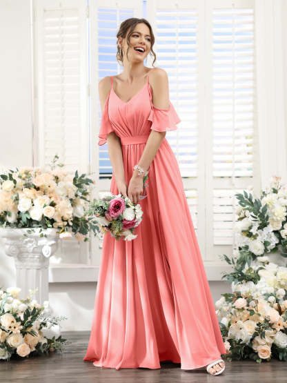 Floor-Length Chiffon Bridesmaid Dresses with Spaghetti Straps, A-Line/Princess Cut, Side Split & Ruched-BMbridal.UK