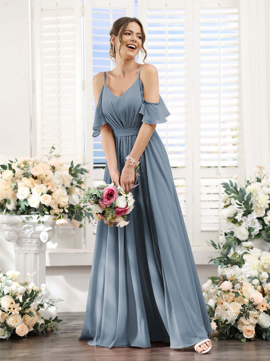 Floor-Length Chiffon Bridesmaid Dresses with Spaghetti Straps, A-Line/Princess Cut, Side Split & Ruched-BMbridal.UK