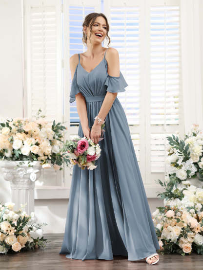 Floor-Length Chiffon Bridesmaid Dresses with Spaghetti Straps, A-Line/Princess Cut, Side Split & Ruched-BMbridal.UK