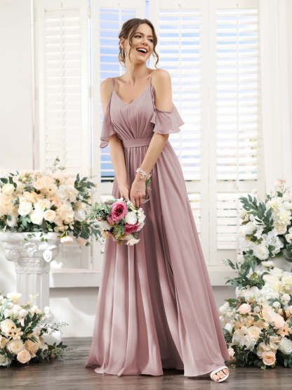Floor-Length Chiffon Bridesmaid Dresses with Spaghetti Straps, A-Line/Princess Cut, Side Split & Ruched-BMbridal.UK