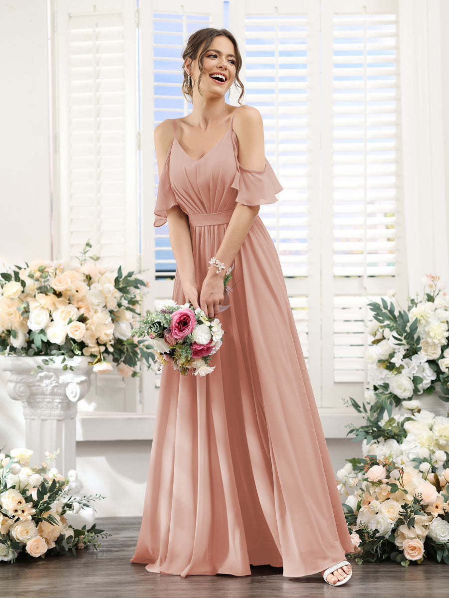 Floor-Length Chiffon Bridesmaid Dresses with Spaghetti Straps, A-Line/Princess Cut, Side Split & Ruched-BMbridal.UK