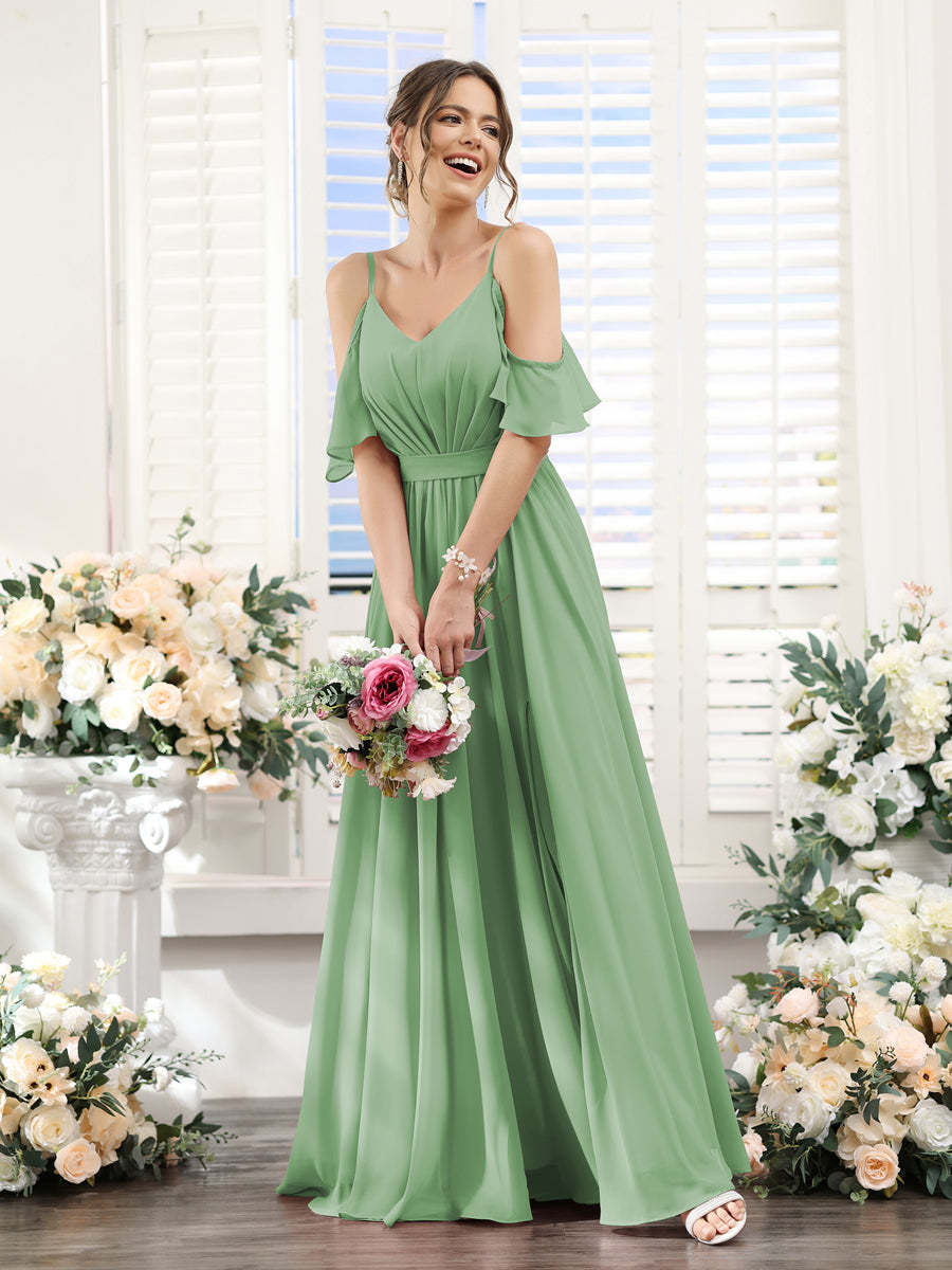 Floor-Length Chiffon Bridesmaid Dresses with Spaghetti Straps, A-Line/Princess Cut, Side Split & Ruched-BMbridal.UK