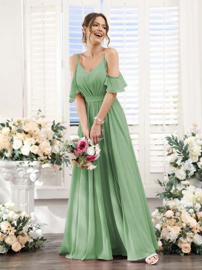 Floor-Length Chiffon Bridesmaid Dresses with Spaghetti Straps, A-Line/Princess Cut, Side Split & Ruched-BMbridal.UK