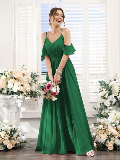 Floor-Length Chiffon Bridesmaid Dresses with Spaghetti Straps, A-Line/Princess Cut, Side Split & Ruched-BMbridal.UK