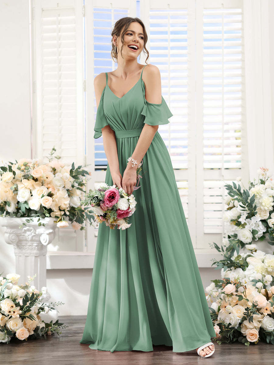 Floor-Length Chiffon Bridesmaid Dresses with Spaghetti Straps, A-Line/Princess Cut, Side Split & Ruched-BMbridal.UK