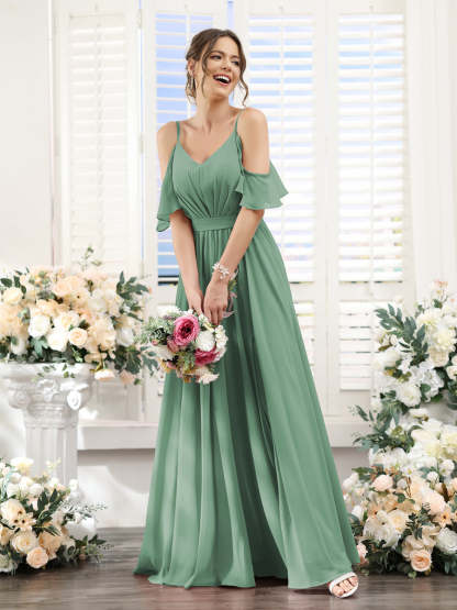 Floor-Length Chiffon Bridesmaid Dresses with Spaghetti Straps, A-Line/Princess Cut, Side Split & Ruched-BMbridal.UK