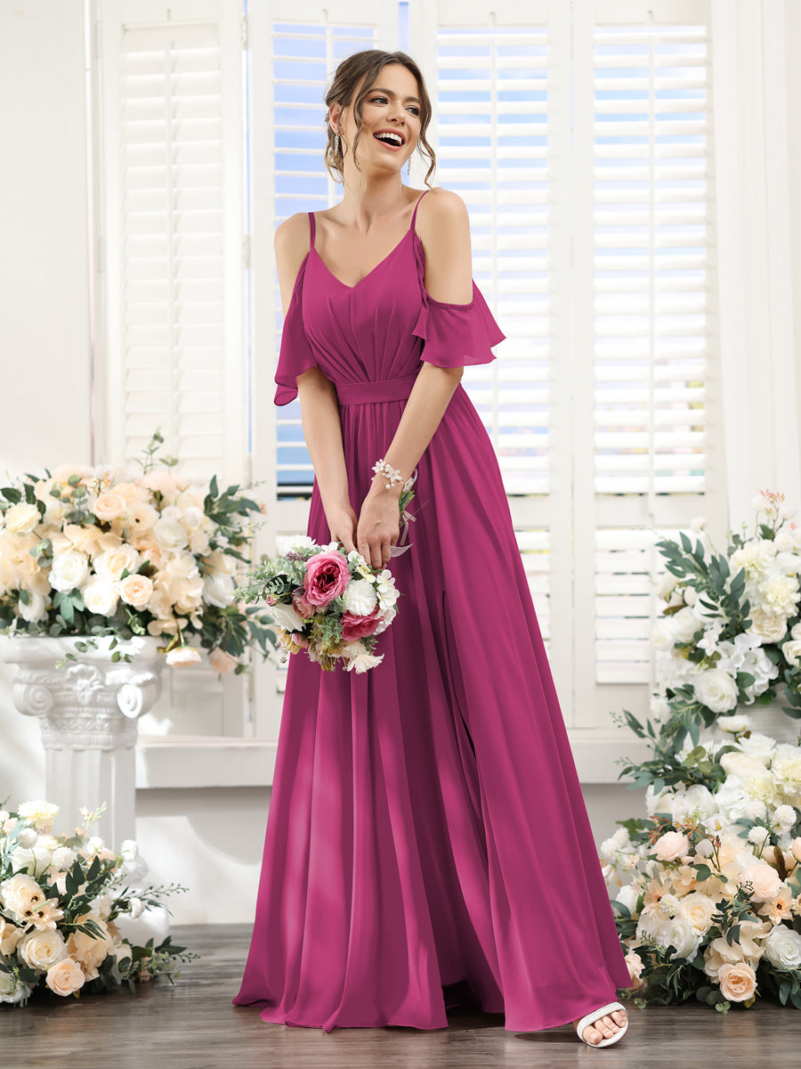 Floor-Length Chiffon Bridesmaid Dresses with Spaghetti Straps, A-Line/Princess Cut, Side Split & Ruched-BMbridal.UK