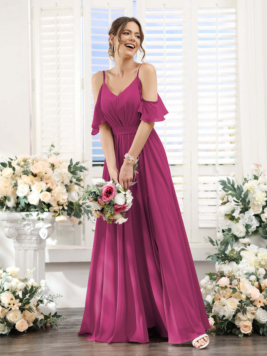 Floor-Length Chiffon Bridesmaid Dresses with Spaghetti Straps, A-Line/Princess Cut, Side Split & Ruched-BMbridal.UK
