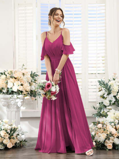 Floor-Length Chiffon Bridesmaid Dresses with Spaghetti Straps, A-Line/Princess Cut, Side Split & Ruched-BMbridal.UK