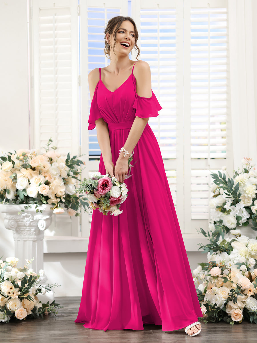 Floor-Length Chiffon Bridesmaid Dresses with Spaghetti Straps, A-Line/Princess Cut, Side Split & Ruched-BMbridal.UK