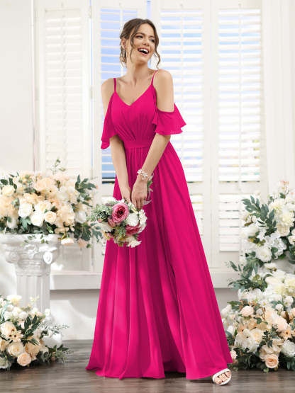 Floor-Length Chiffon Bridesmaid Dresses with Spaghetti Straps, A-Line/Princess Cut, Side Split & Ruched-BMbridal.UK