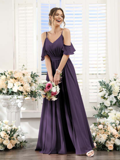 Floor-Length Chiffon Bridesmaid Dresses with Spaghetti Straps, A-Line/Princess Cut, Side Split & Ruched-BMbridal.UK