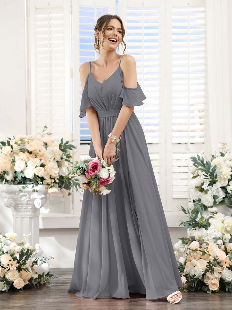 Floor-Length Chiffon Bridesmaid Dresses with Spaghetti Straps, A-Line/Princess Cut, Side Split & Ruched-BMbridal.UK