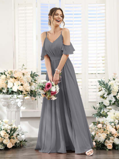 Floor-Length Chiffon Bridesmaid Dresses with Spaghetti Straps, A-Line/Princess Cut, Side Split & Ruched-BMbridal.UK