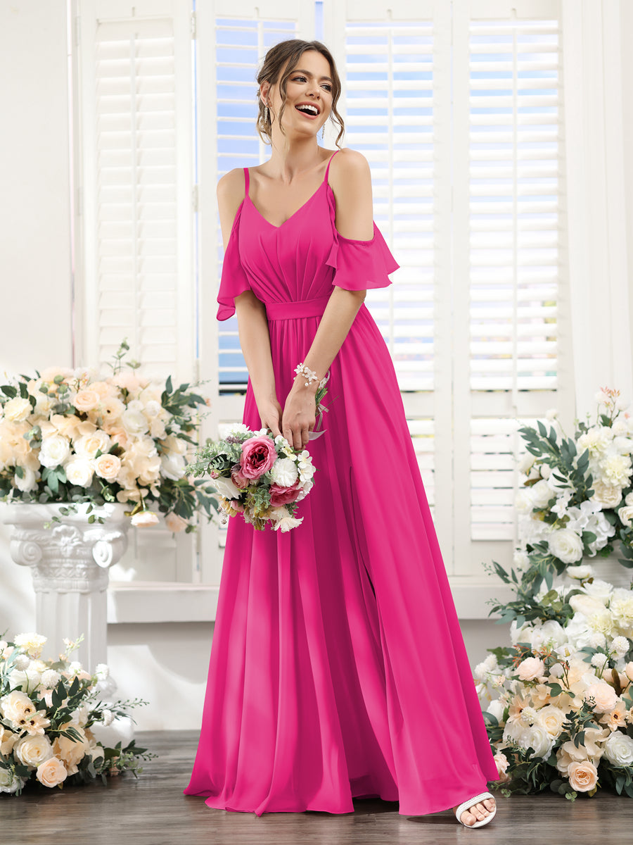 Floor-Length Chiffon Bridesmaid Dresses with Spaghetti Straps, A-Line/Princess Cut, Side Split & Ruched-BMbridal.UK