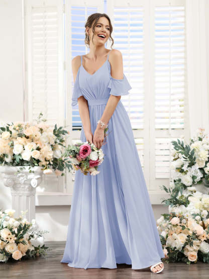 Floor-Length Chiffon Bridesmaid Dresses with Spaghetti Straps, A-Line/Princess Cut, Side Split & Ruched-BMbridal.UK