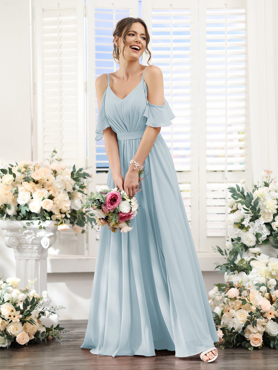 Floor-Length Chiffon Bridesmaid Dresses with Spaghetti Straps, A-Line/Princess Cut, Side Split & Ruched-BMbridal.UK