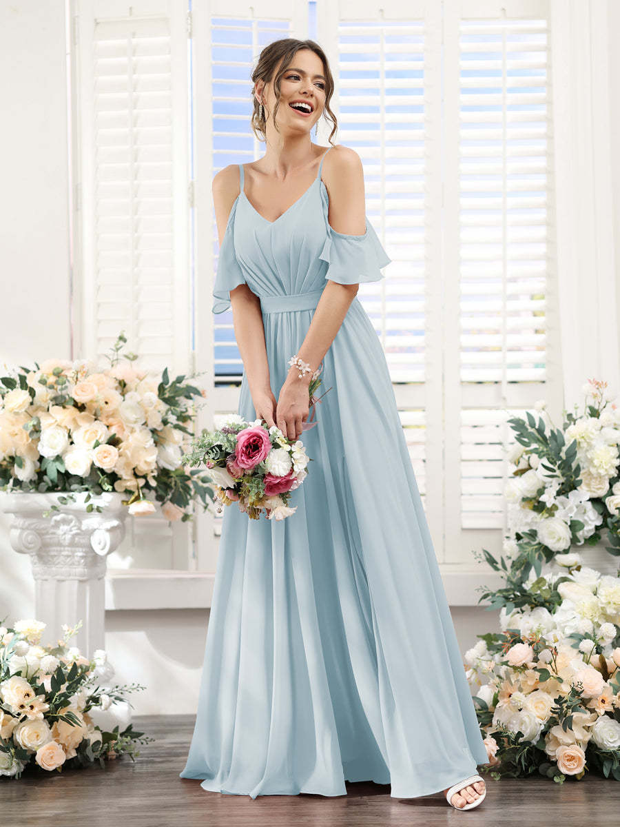 Floor-Length Chiffon Bridesmaid Dresses with Spaghetti Straps, A-Line/Princess Cut, Side Split & Ruched-BMbridal.UK