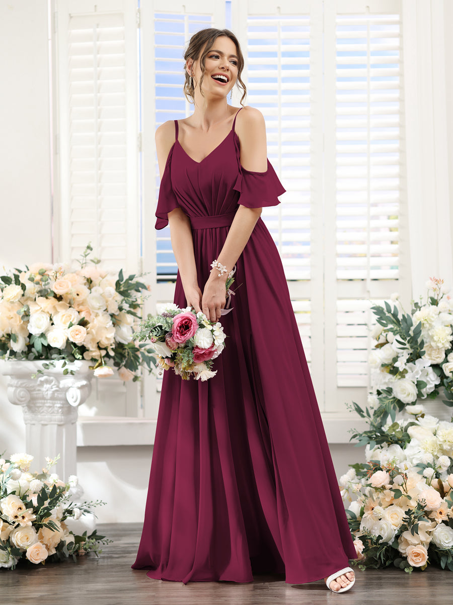 Floor-Length Chiffon Bridesmaid Dresses with Spaghetti Straps, A-Line/Princess Cut, Side Split & Ruched-BMbridal.UK