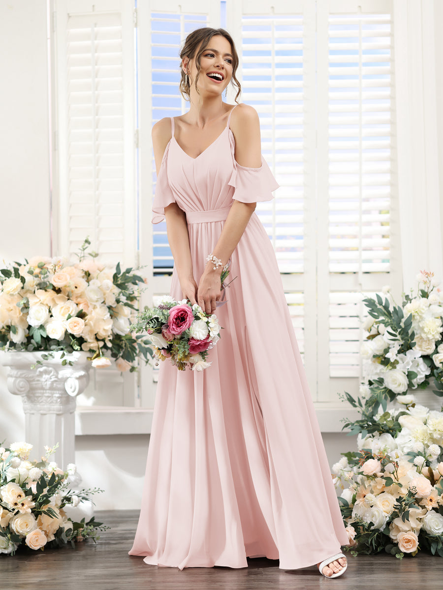 Floor-Length Chiffon Bridesmaid Dresses with Spaghetti Straps, A-Line/Princess Cut, Side Split & Ruched-BMbridal.UK