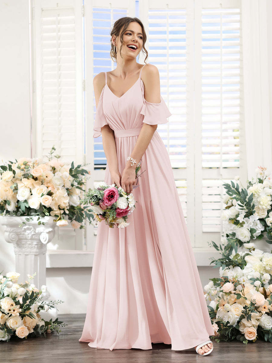 Floor-Length Chiffon Bridesmaid Dresses with Spaghetti Straps, A-Line/Princess Cut, Side Split & Ruched-BMbridal.UK