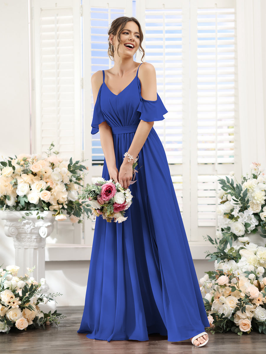 Floor-Length Chiffon Bridesmaid Dresses with Spaghetti Straps, A-Line/Princess Cut, Side Split & Ruched-BMbridal.UK