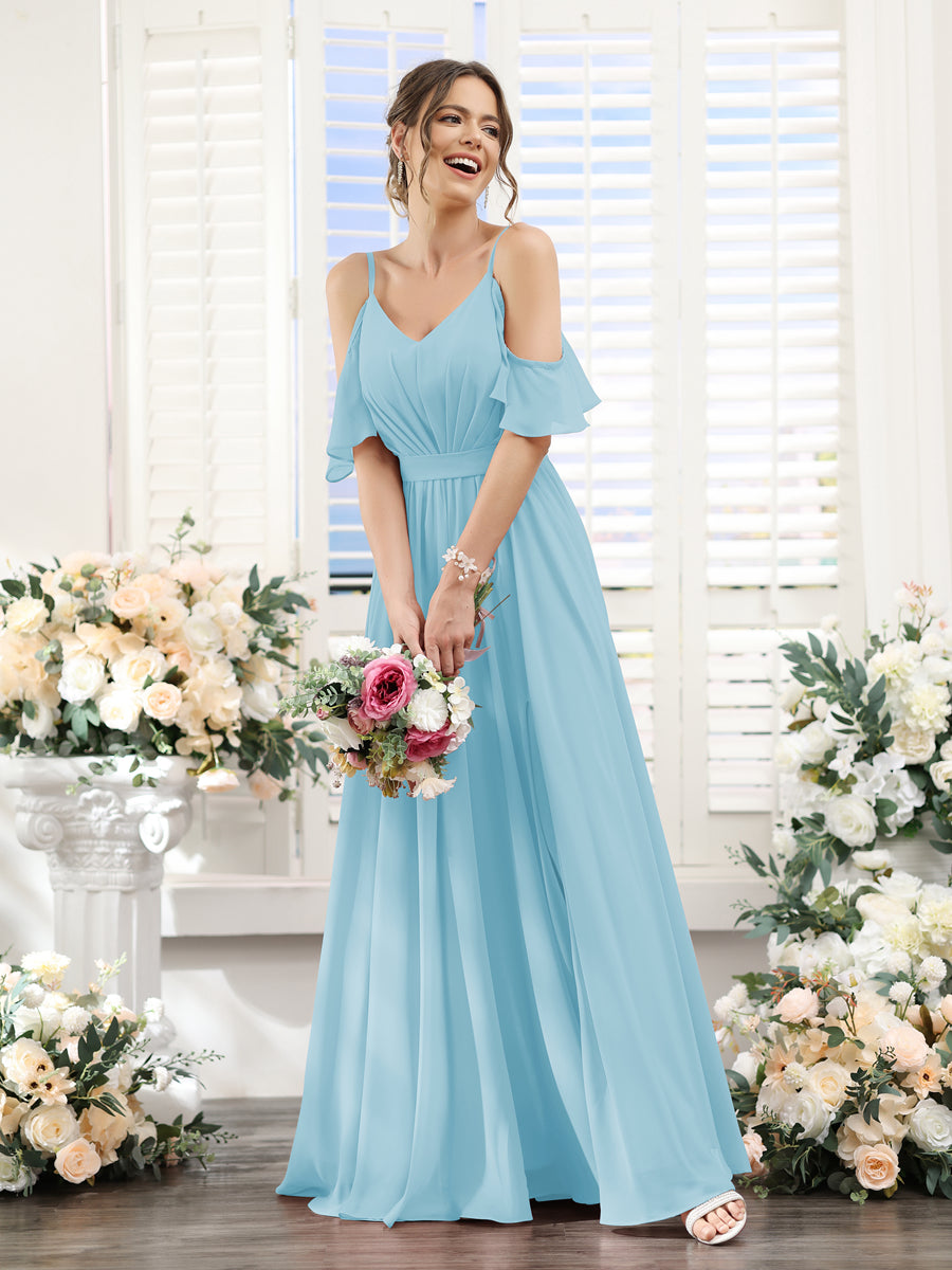 Floor-Length Chiffon Bridesmaid Dresses with Spaghetti Straps, A-Line/Princess Cut, Side Split & Ruched